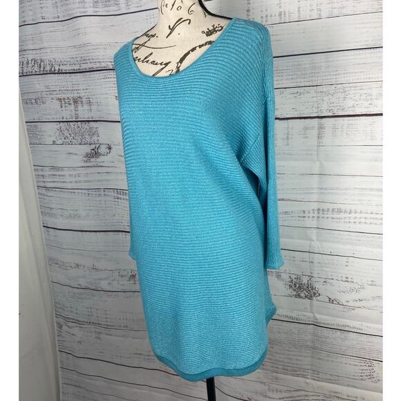 Chicos 2 Sweater Womens L Blue Metallic Shimmer Ribbed Knit 3/4 Sleeves Stretch - Picture 5 of 12